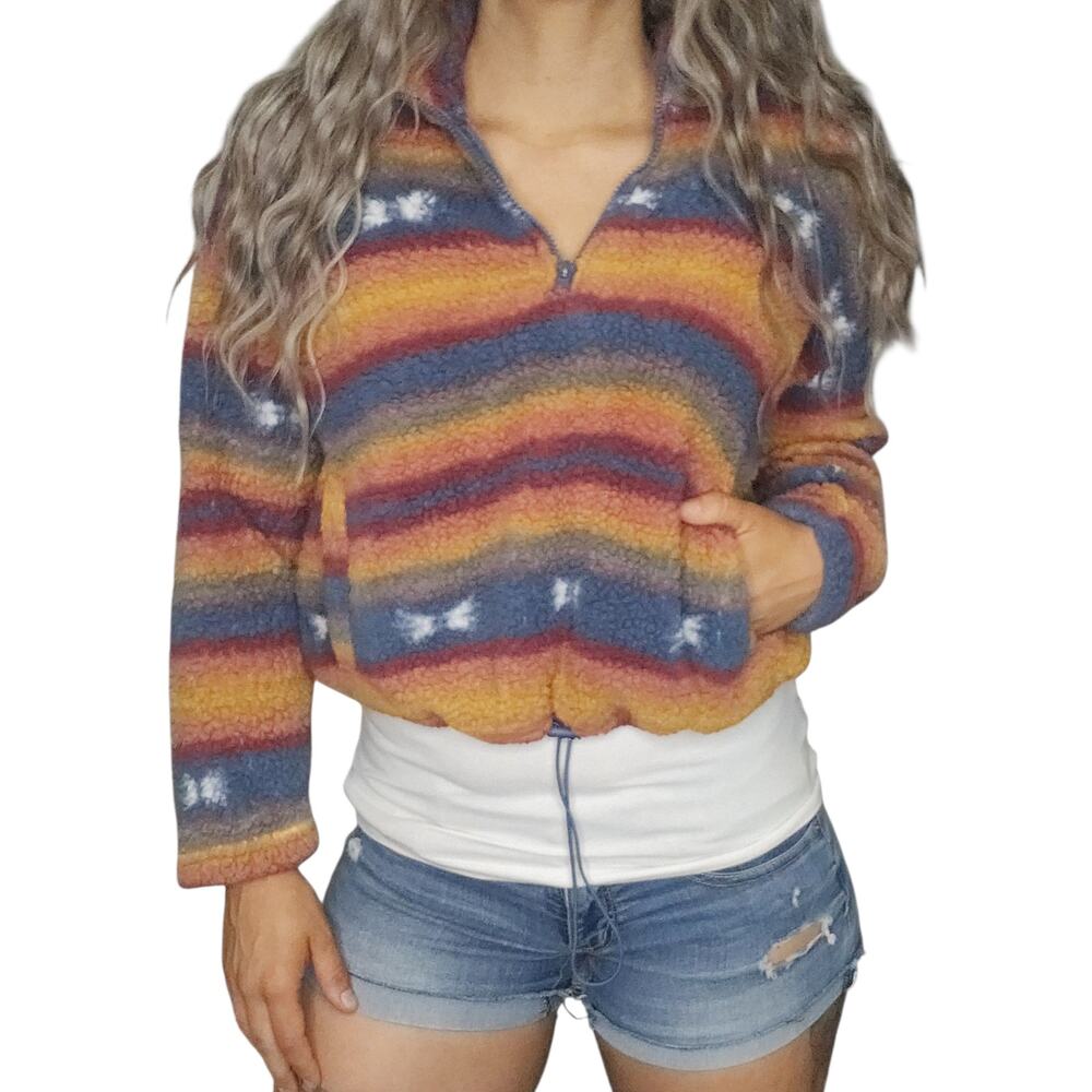 Yellow Striped Sweater Womens Medium Faux Fur Fuzzy Cropped Blue Western Boho